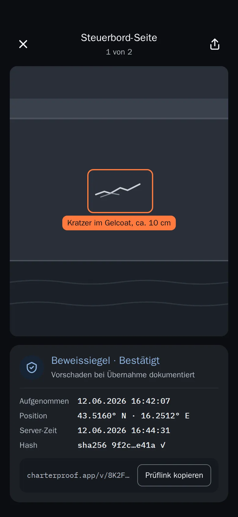 Beweisansicht mit bestätigtem Beweissiegel